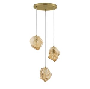 Złota lampa wisząca art deco Etuda 3 - bursztynowe szkło