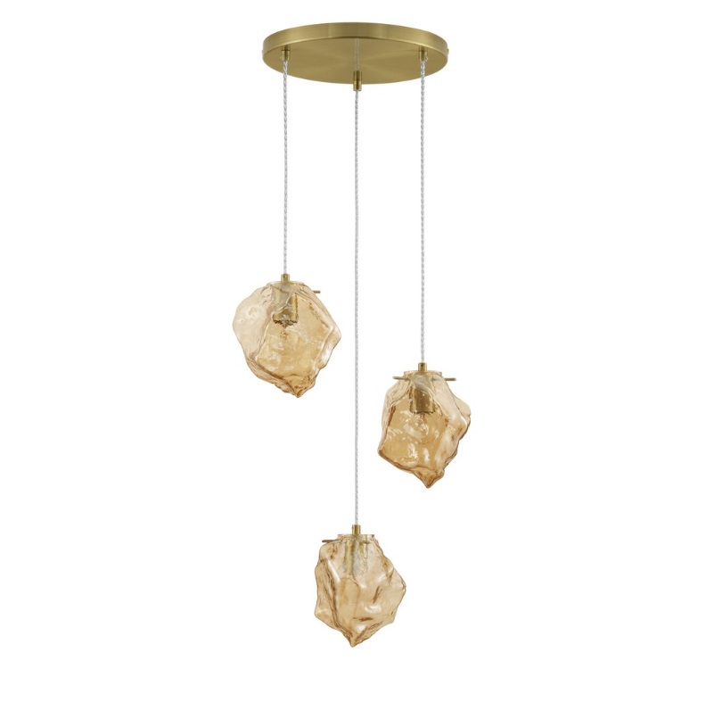 Złota lampa wisząca art deco Etuda 3 - bursztynowe szkło