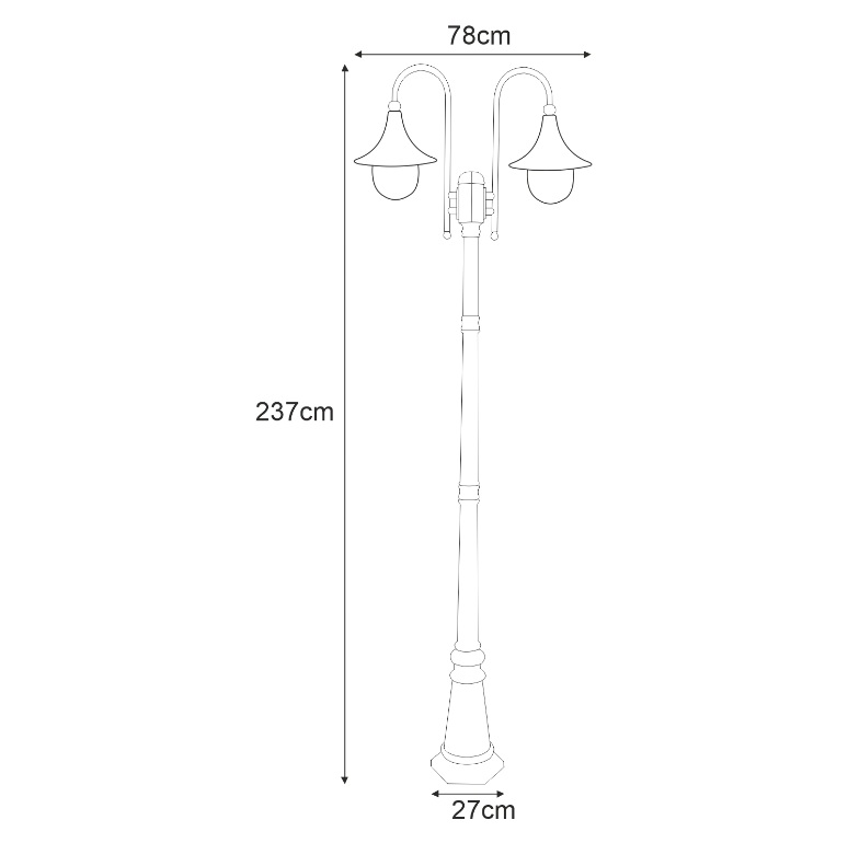 Czarna podwójna latarnia ogrodowa Boston IP44 - 237 cm - wymiary