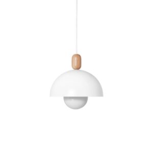 Biała lampa wisząca nad ławę w salonie Medivo - drewno dębowe