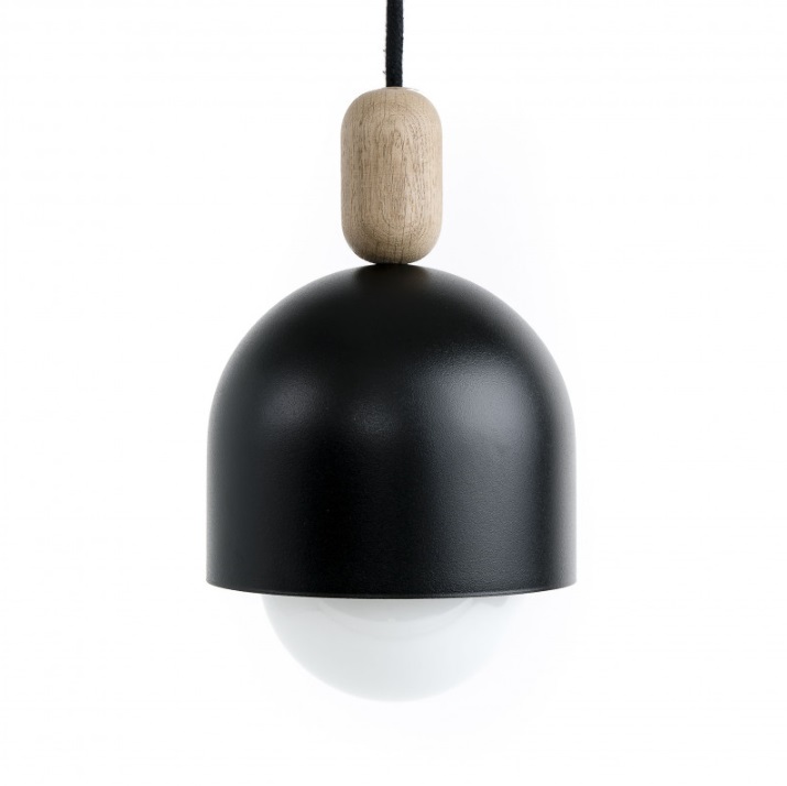 Czarna lampa wisząca do sypialni Loft Ovoli - drewniane zdobienie