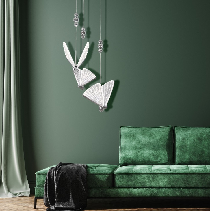 Srebrny żyrandol art deco Mariposa 3 LED CCT - motyle