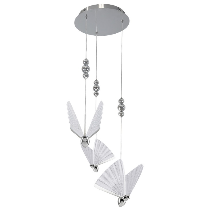Srebrny żyrandol art deco Mariposa 3 LED CCT - wiszące motyle