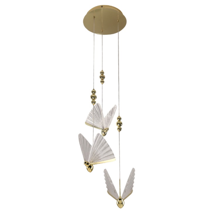 Złoty żyrandol art deco Mariposa 3 LED CCT - wiszące motyle