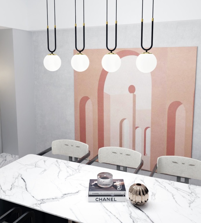 4-punktowa lampa wisząca do jadalni Glam 4- kule na łuku
