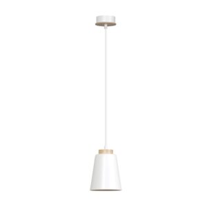 Biała lampa wisząca nad wyspę Bolero - drewniany uchwyt