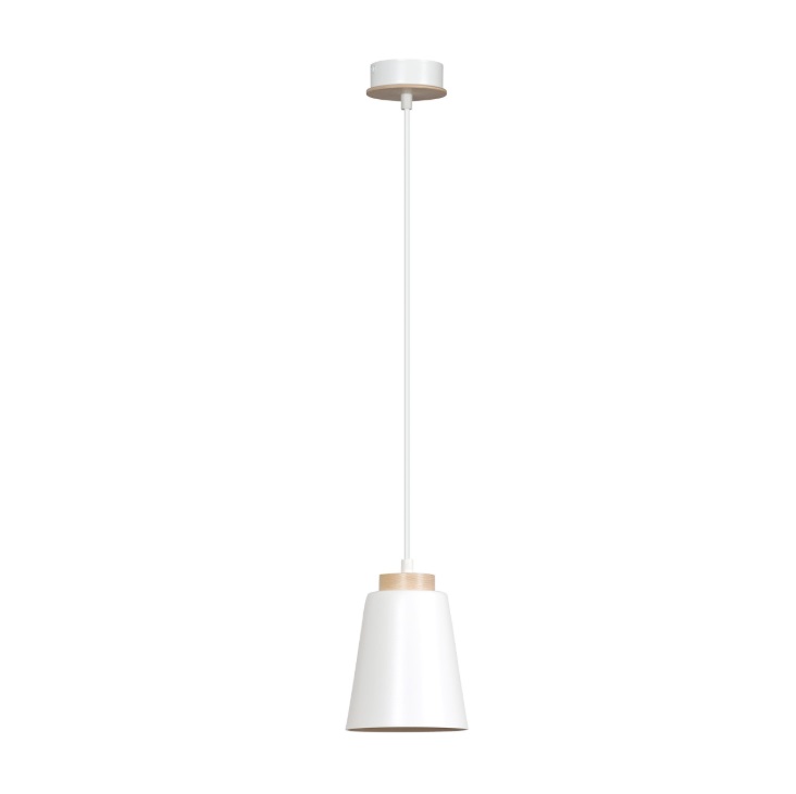 Biała lampa wisząca nad wyspę Bolero - drewniany uchwyt