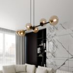 Bursztynowa lampa wisząca do salonu Rossi 6 - ze szklanymi kulami