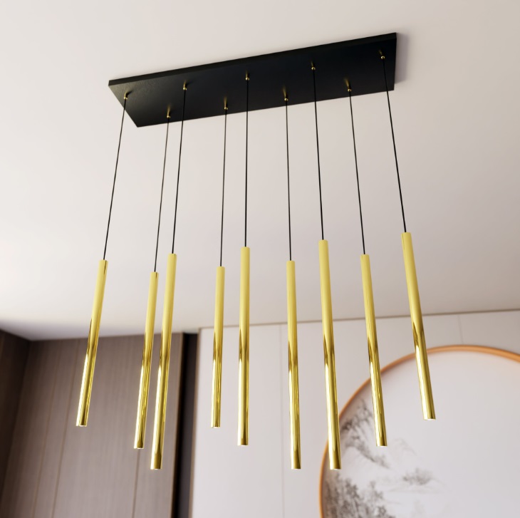 Czarna lampa wisząca Selter 9 - złote tuby nad stół w salonie
