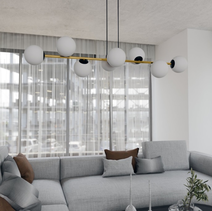 Czarno-złota lampa wisząca nad stół w salonie Gravity 8 - mleczne kule