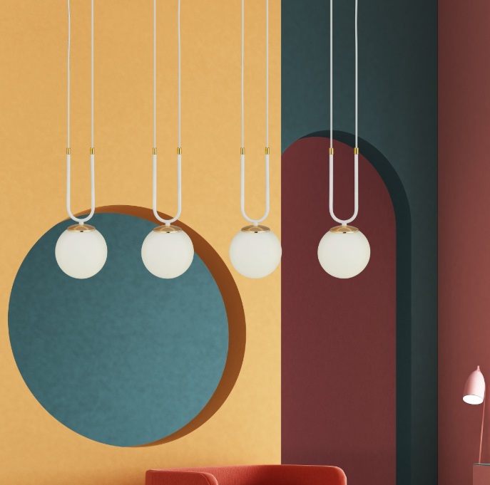 Podłużna lampa wisząca do salonu Glam 4 - białe kule