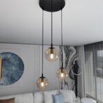 3-punktowa lampa wisząca do salonu Cosmo Premium 3 - bursztynowe kule