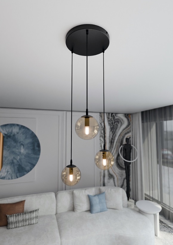 3-punktowa lampa wisząca do salonu Cosmo Premium 3 - bursztynowe kule