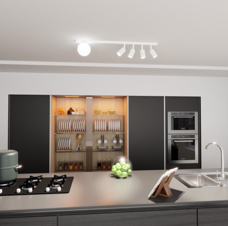 Podłużna lampa sufitowa do kuchni Baster 5 - kula i 4 reflektorki
