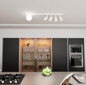 Podłużna lampa sufitowa Baster 5 - kula i 4 reflektorki