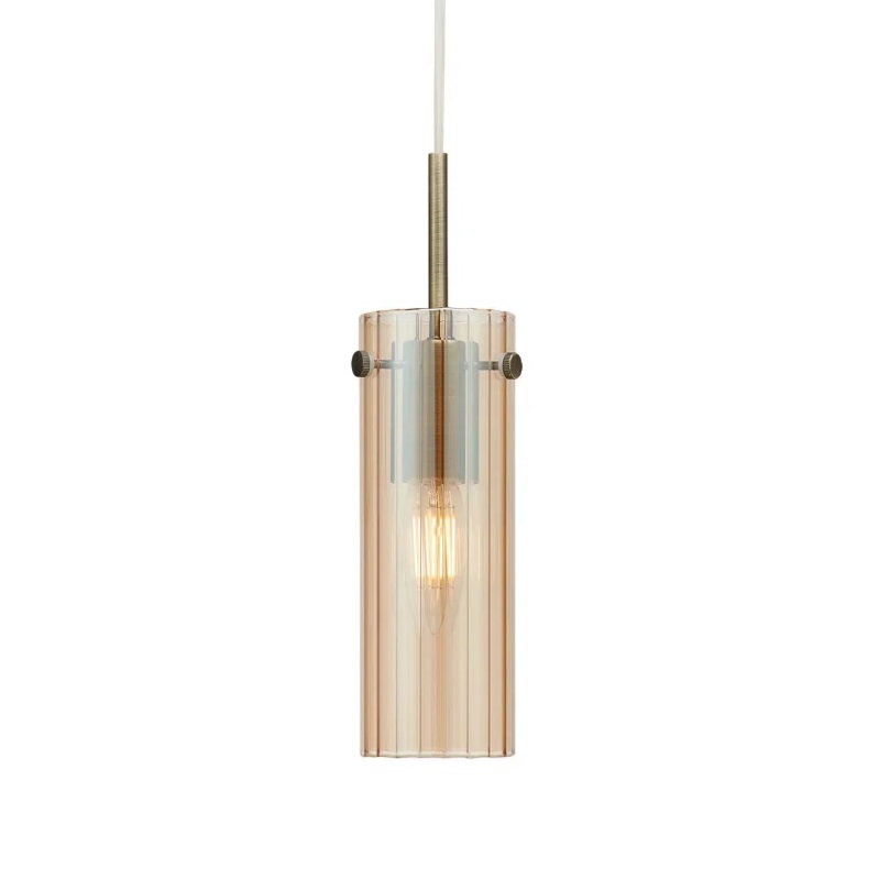 Bursztynowa lampa wisząca Tibia - ryflowana tuba i mosiądz