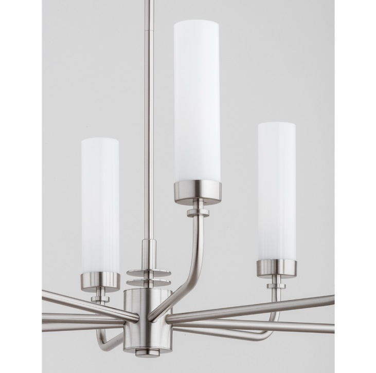 Duży srebrny żyrandol Preston 8 – białe klosze tuby Duży srebrny żyrandol Preston 8 - białe klosze tuby