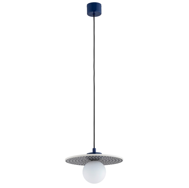 Granatowa lampa wisząca Boll – ceramiczny dysk ze szklaną kulą Granatowa lampa wisząca Boll - ceramiczny dysk ze szklaną kulą