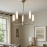 Srebrny żyrandol do salonu Preston 5 - mleczne smukłe klosze