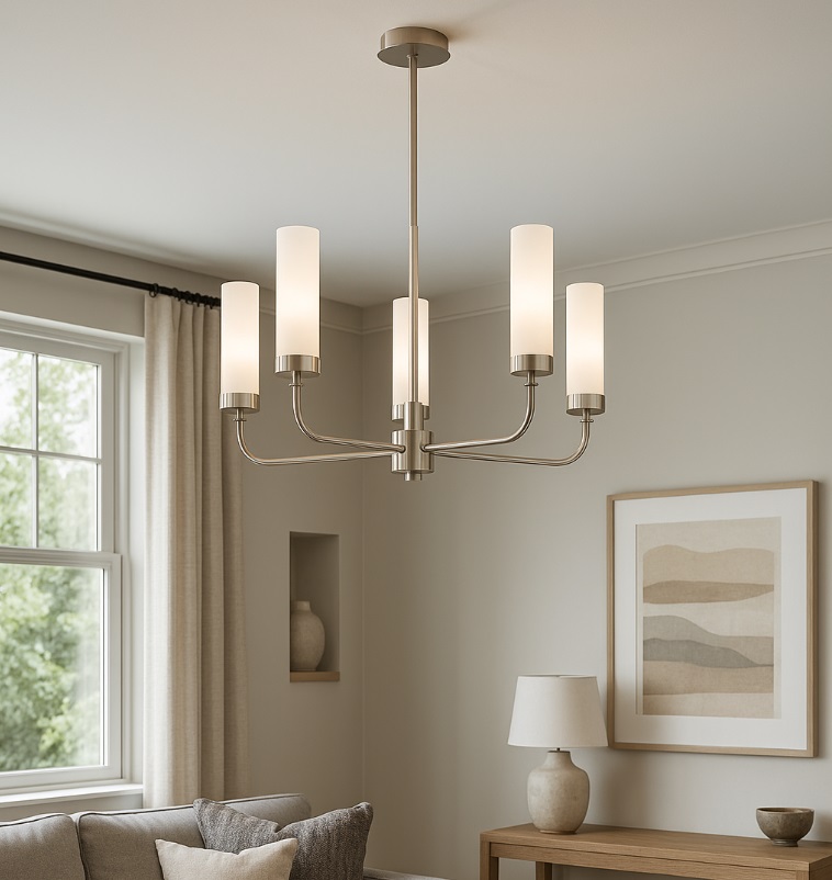 Srebrny żyrandol do salonu Preston 5 – mleczne smukłe klosze Srebrny żyrandol do salonu Preston 5 - mleczne smukłe klosze