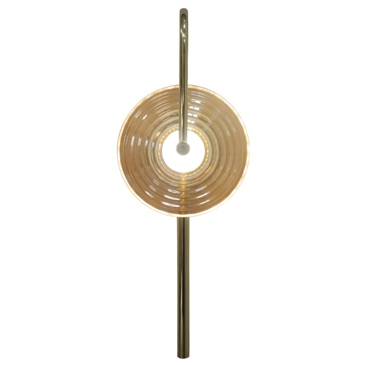 Złoty kinkiet do sypialni Plato LED - bursztynowe szkło