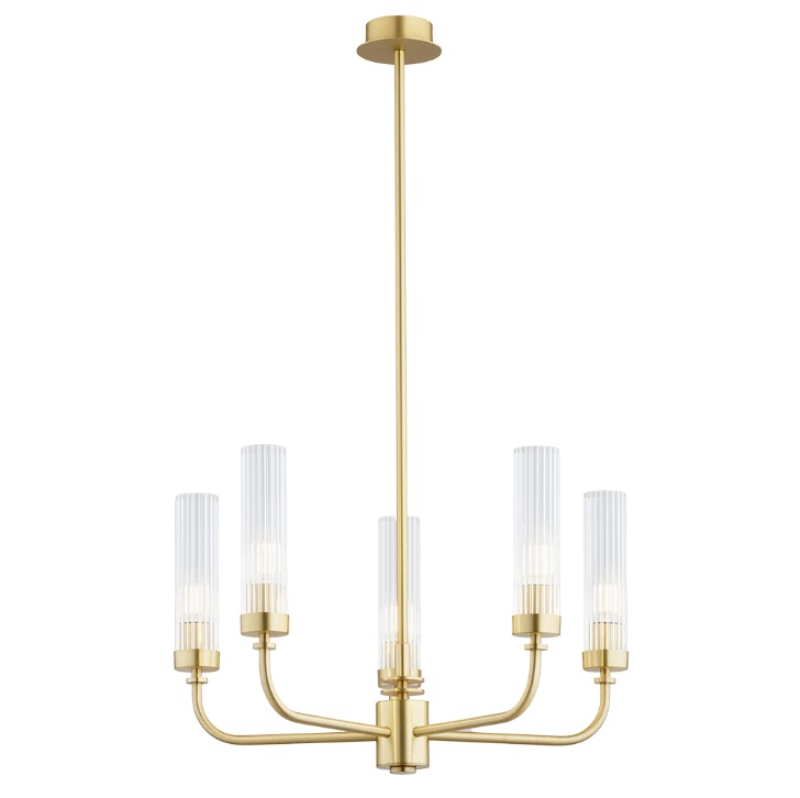 Złoty żyrandol Preston 5 - ryflowane szkło i mosiądz