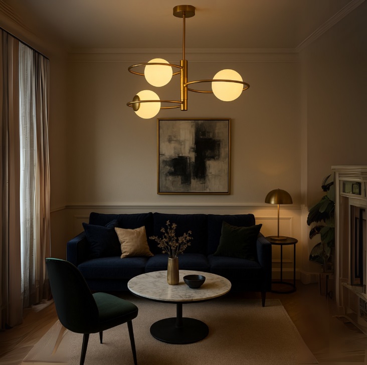 Złoty żyrandol sufitowy do salonu Dorado 3 - białe kule