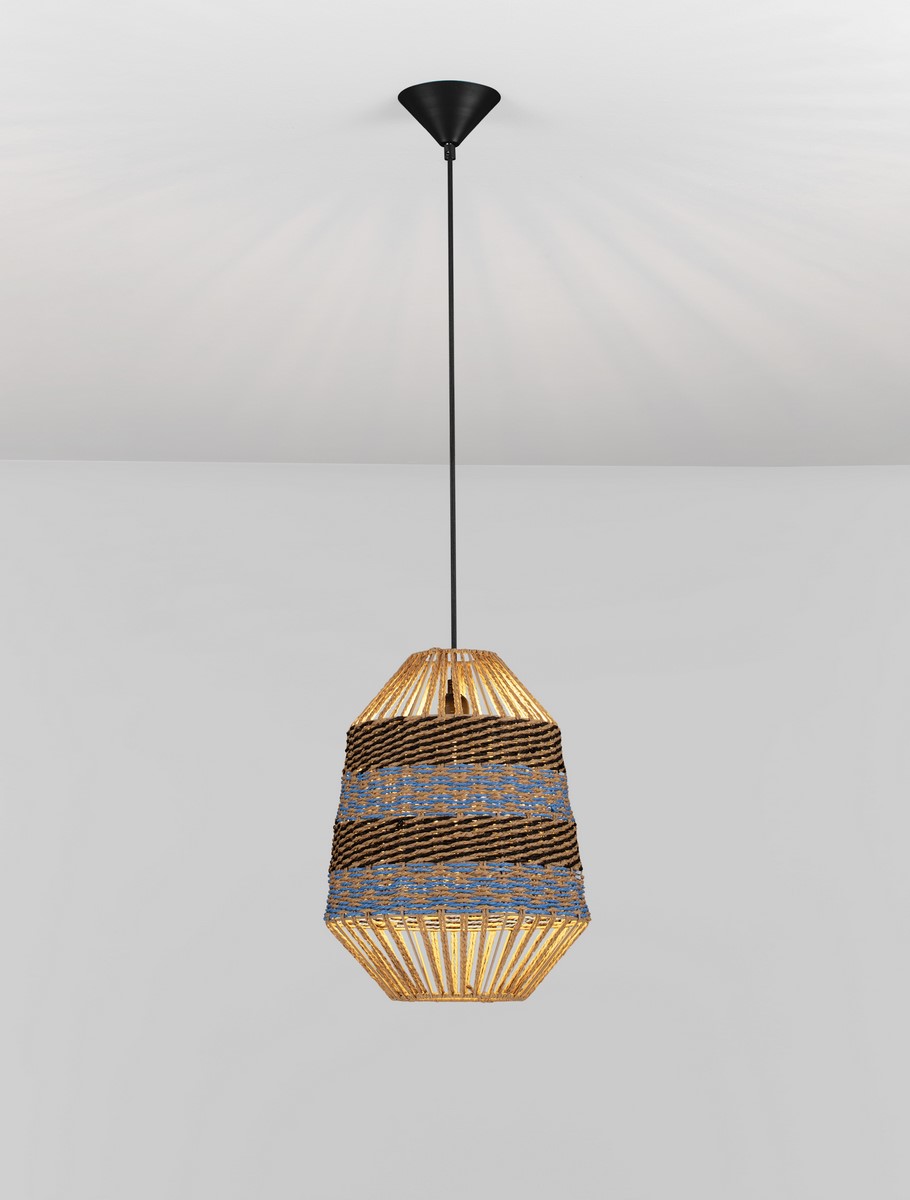 lampa wiszaca w stylu boho - bezowo niebieski klosz