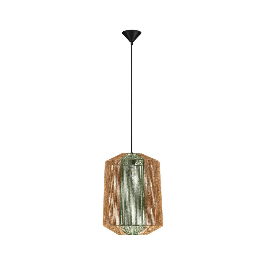 lampa wiszaca ze sznurka w stylu boho - brazowo zielona