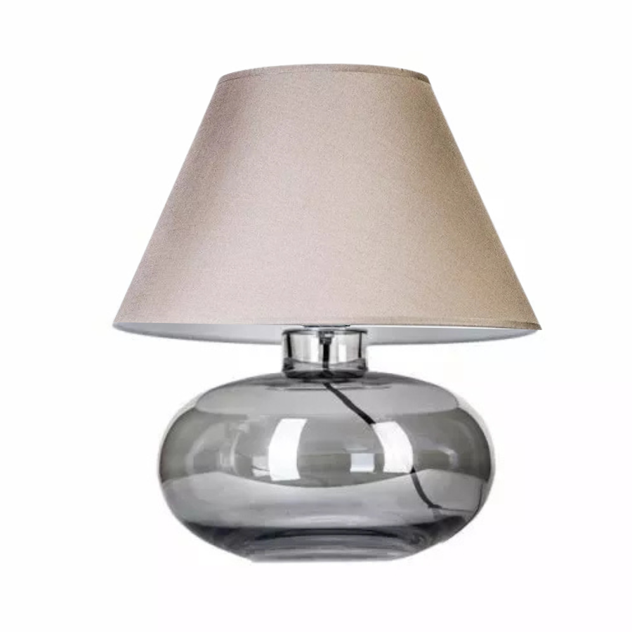 szara lampa stołowa z bezowym abażurem