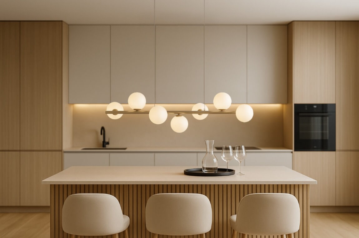 Beżowa lampa wisząca Ardi nad wyspę - 7 szklanych kloszy