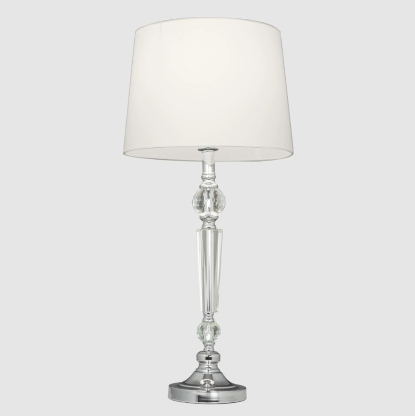 Duża lampa stołowa Charlotte glamour – kryształowa białym abażurem