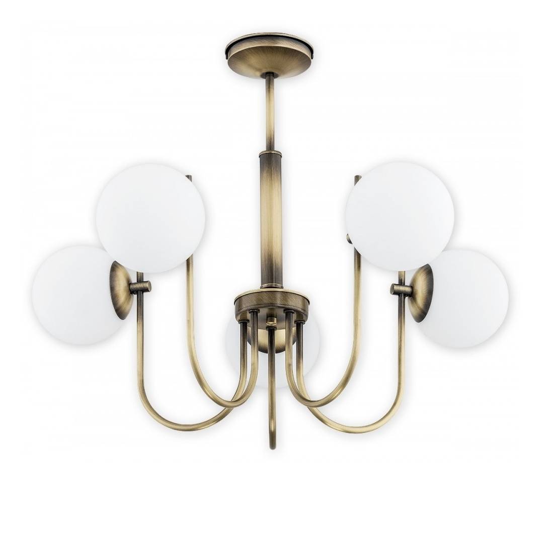 Klasyczny żyrandol Ape 5 patyna - białe szklane klosze