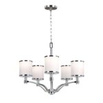 Nowoczesny żyrandol Prospect Park - 5 białych kloszy, srebrny