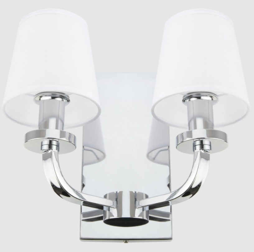 Nowoczesny srebrny podwójny kinkiet z dwoma białymi abażurami