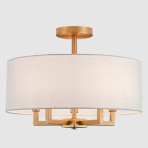 Duży okrągły plafon Lille – biały klosz i mosiądz