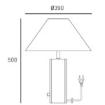 Rysunek techniczny przedstawiający wymiary lampy na stół Orleans.
