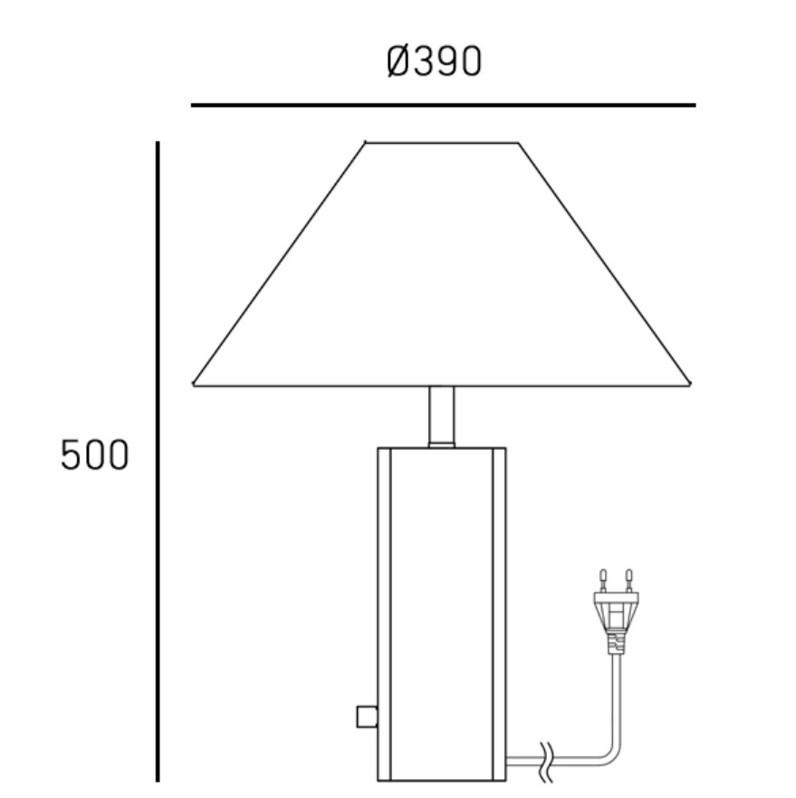 Rysunek techniczny przedstawiający wymiary lampy na stół Orleans.