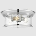 Srebrny nowoczesny plafon Warwick ze szklanym kloszem i widocznymi żarówkami