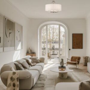 Elegancki duży plafon Lille z białym kloszem - nikiel