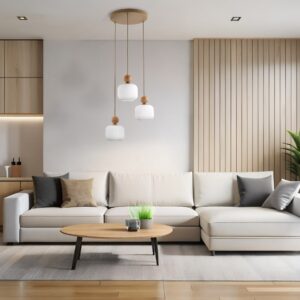 Beżowa lampa wisząca Ballo 3 ryflowane klosze - drewniana kulka