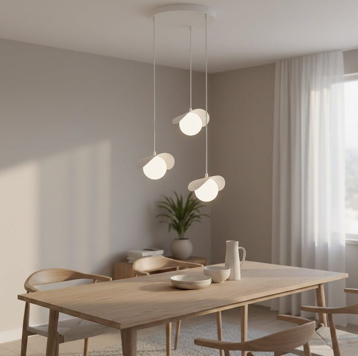 Biała lampa wisząca nad stół w salonie Ritual 3 - kule