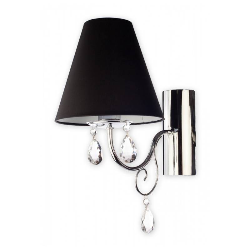 Czarny kinkiet Velio z tkaninowym abażurem i szklanymi wisiorkami