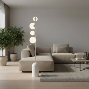 Skandynawska lampa stojąca do salonu Etno - białe kule