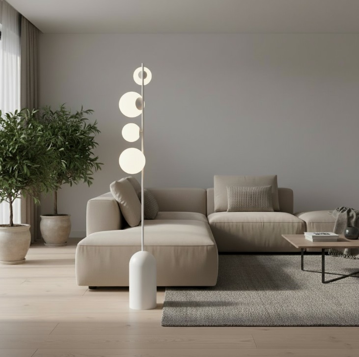 Skandynawska lampa stojąca do salonu Etno - białe kule