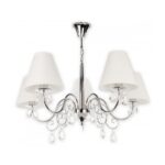 Srebrny żyrandol Velio 5 do salonu - 5 białych abażurów