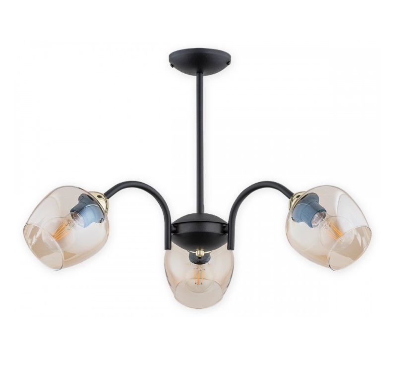 Szklany żyrandol z czarną podstawą Katla 3 - bursztynowe klosze
