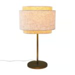 Beżowa lampa stołowa Takai z lnianym abażurem i mosiężną podstawą