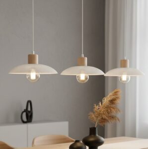 Biała lampa wisząca Kobe 3 - perforowane klosze i i drewniany detal