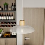 Biała lampa wisząca Kobe do kuchni - metalowy klosz i drewniany akcent